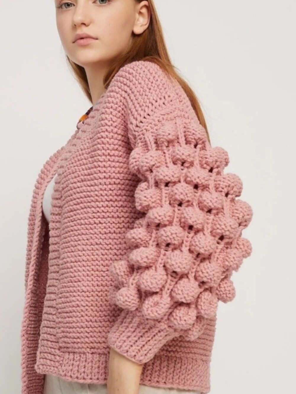 & Merci Chunky Knit Bubble Sleeve Cardigan Blush Pink Size Medium